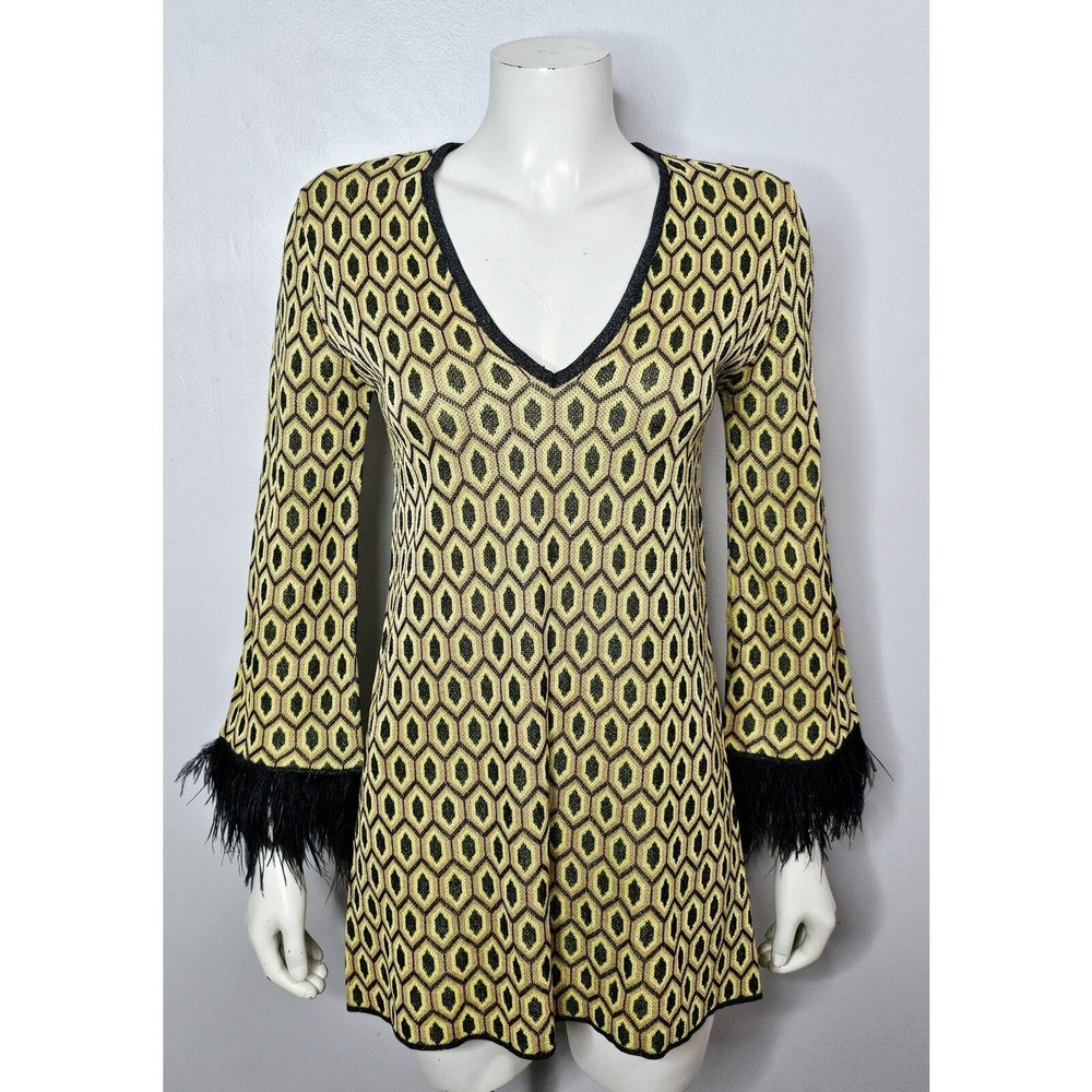 Geometric Print Mini Dress with Feather Cuffs